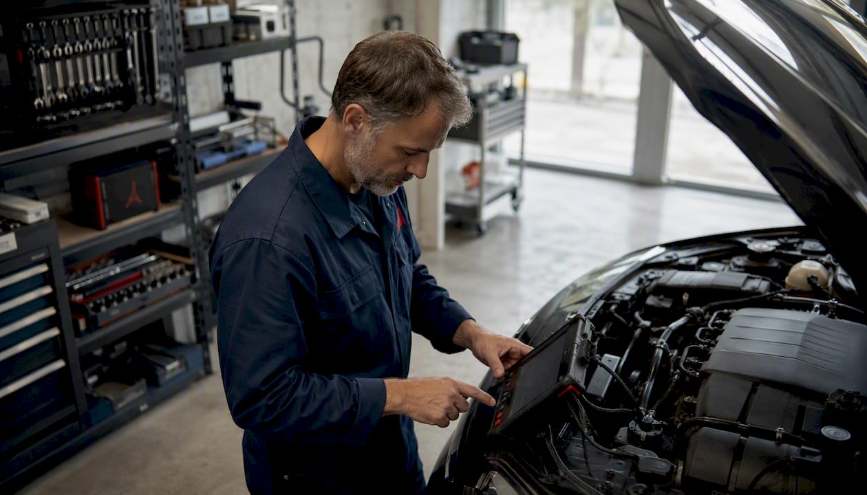 Un mécanicien contrôle le moteur d’une voiture à l’aide d’un outil de diagnostic électronique.