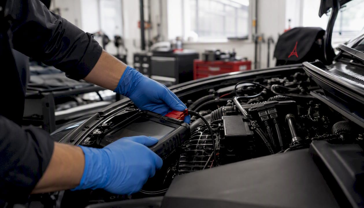 Un technicien ajuste la programmation du calculateur d’une voiture dans l’atelier.