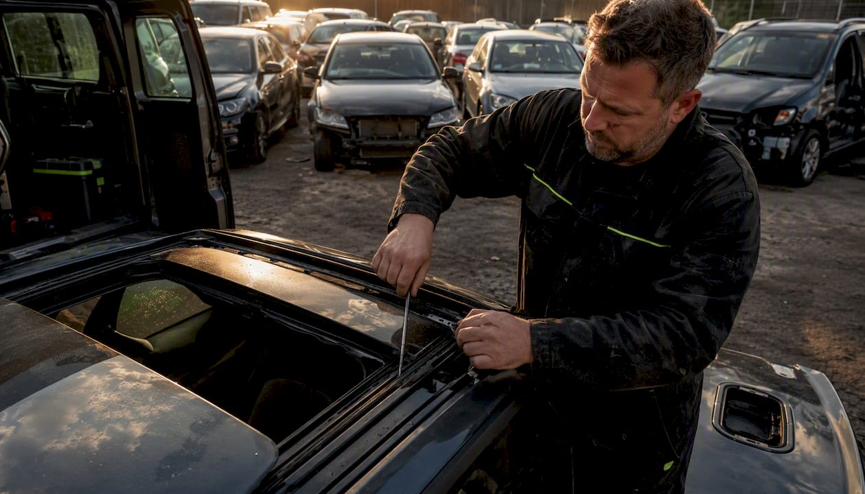 Un spécialiste effectue le remplacement d’un toit panoramique dans un garage automobile.