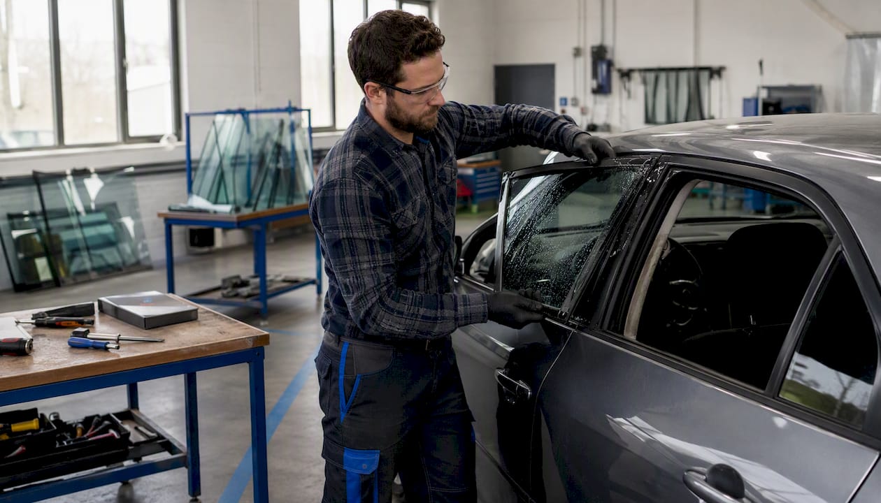 Un technicien s’affaire à démonter la vitre latérale d’une voiture dans un atelier.