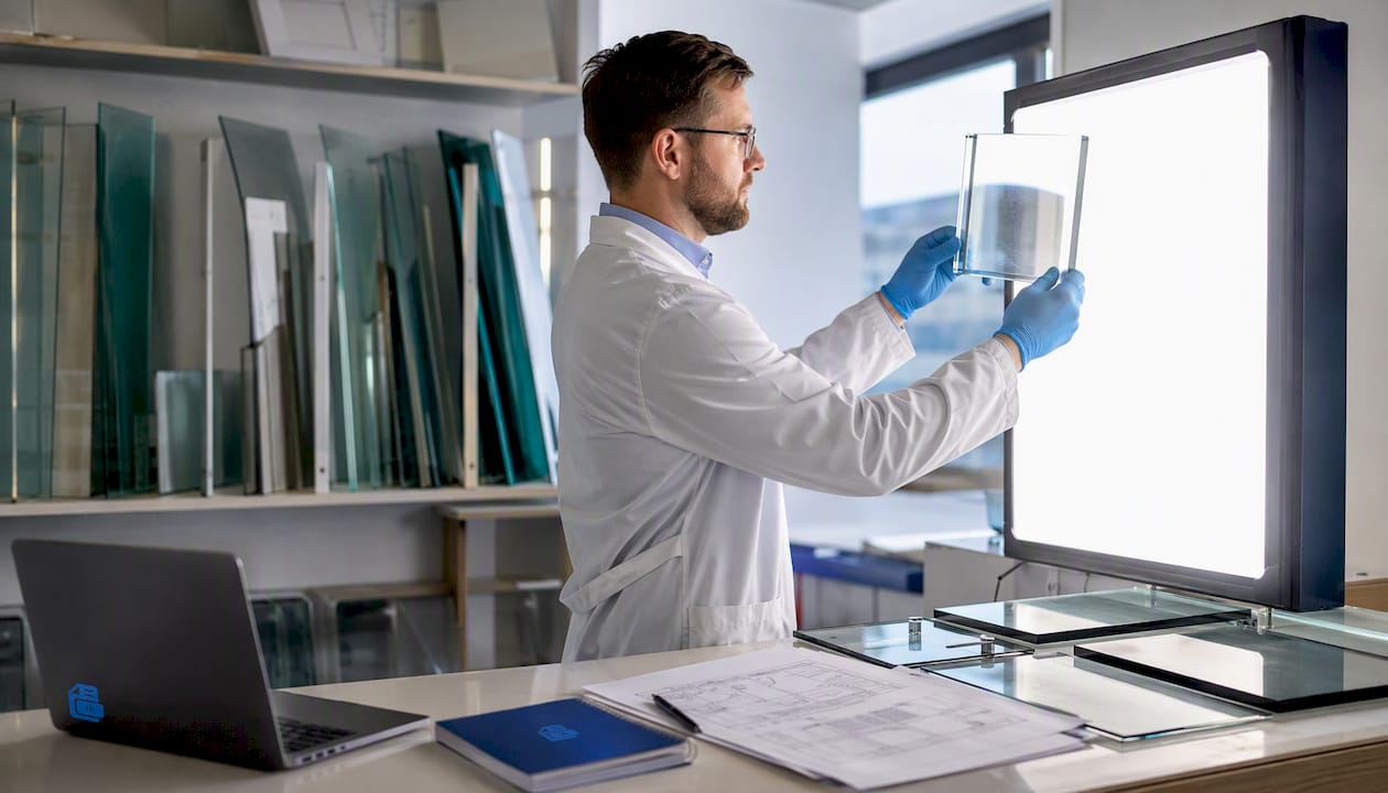 Un technicien procède à des tests sur du verre feuilleté destiné à l’automobile dans un laboratoire.