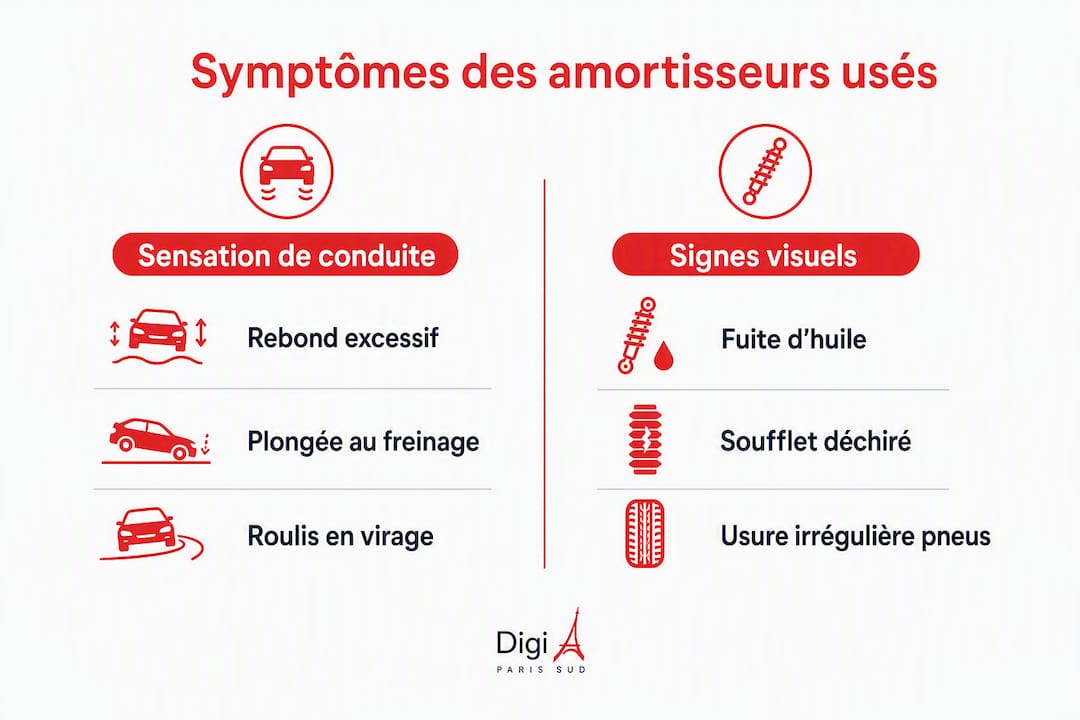 Infographie : comment reconnaître les signes d’usure des amortisseurs, à la conduite comme à l’œil