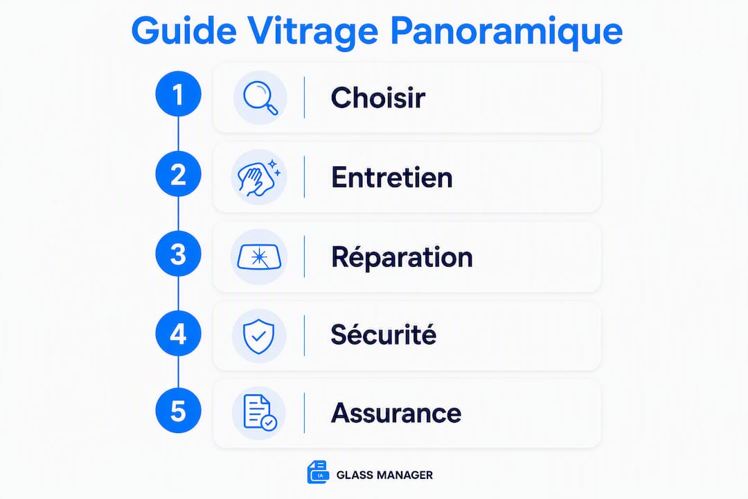Infographie détaillant les étapes essentielles pour choisir et entretenir un vitrage panoramique