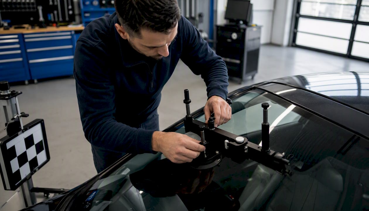 Un technicien procède au réglage du matériel de calibration des systèmes d’aide à la conduite.