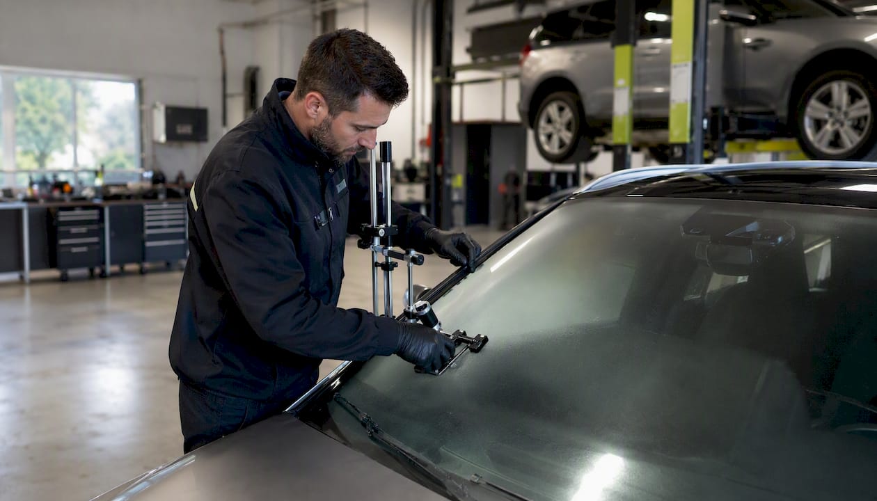 Un technicien procède au réglage des capteurs d’aide à la conduite sur un véhicule.