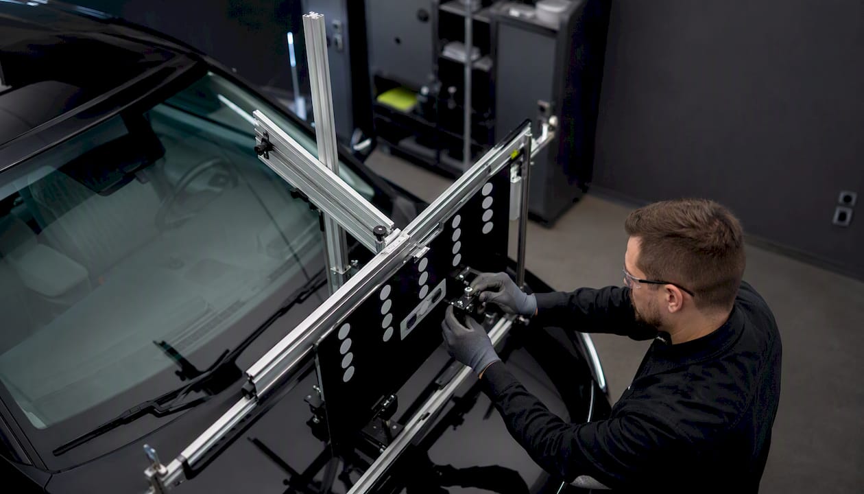 Un technicien procède au réglage du système d’assistance à la conduite.