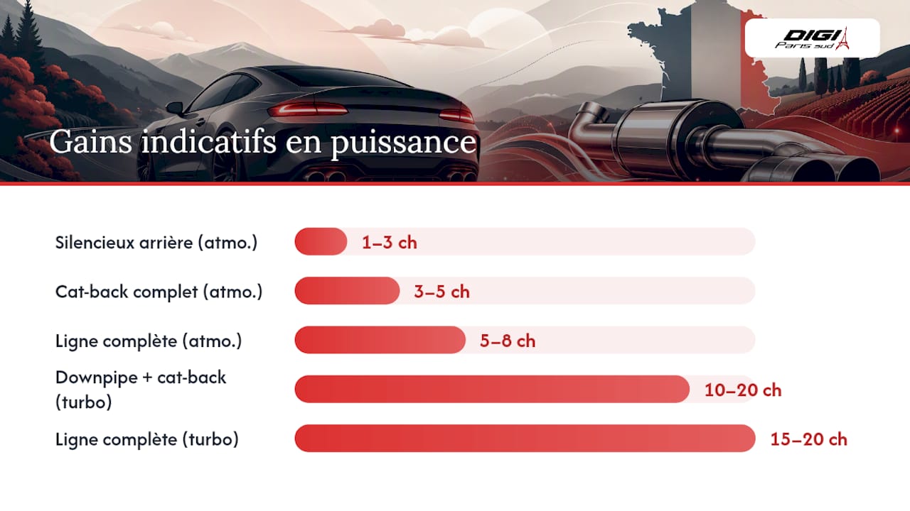 Courbe comparative des performances en fonction du type d'échappement et de la motorisation