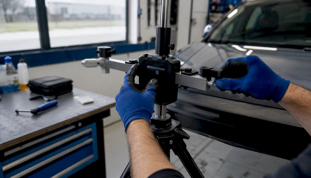 Un technicien procède au réglage de la cible de calibration des systèmes d’aide à la conduite.