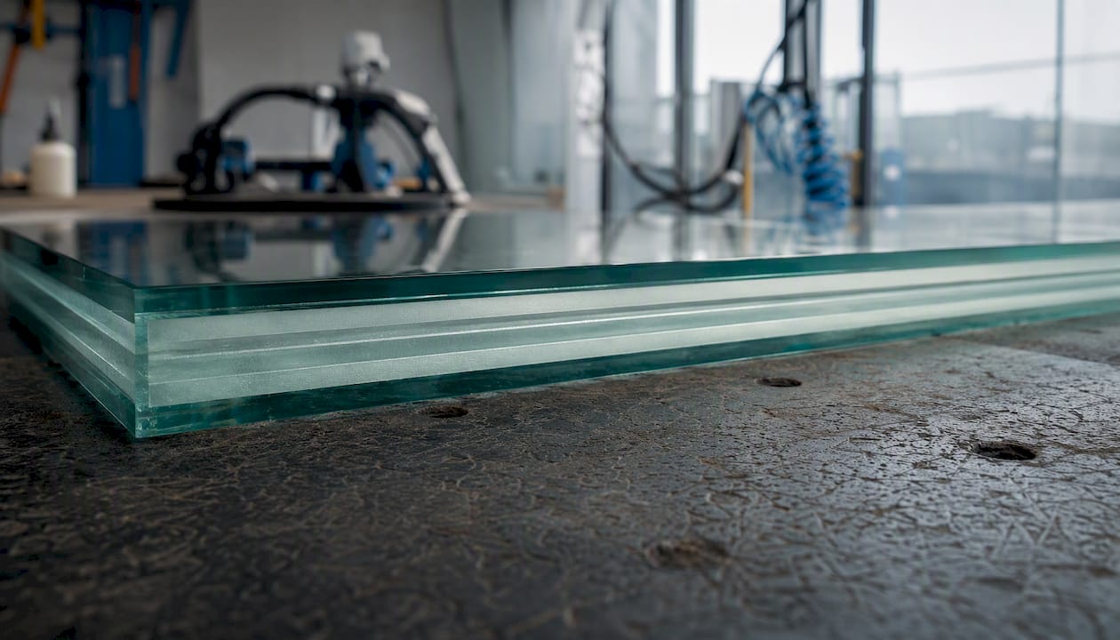 Vue en coupe de la tranche d’un vitrage feuilleté acoustique