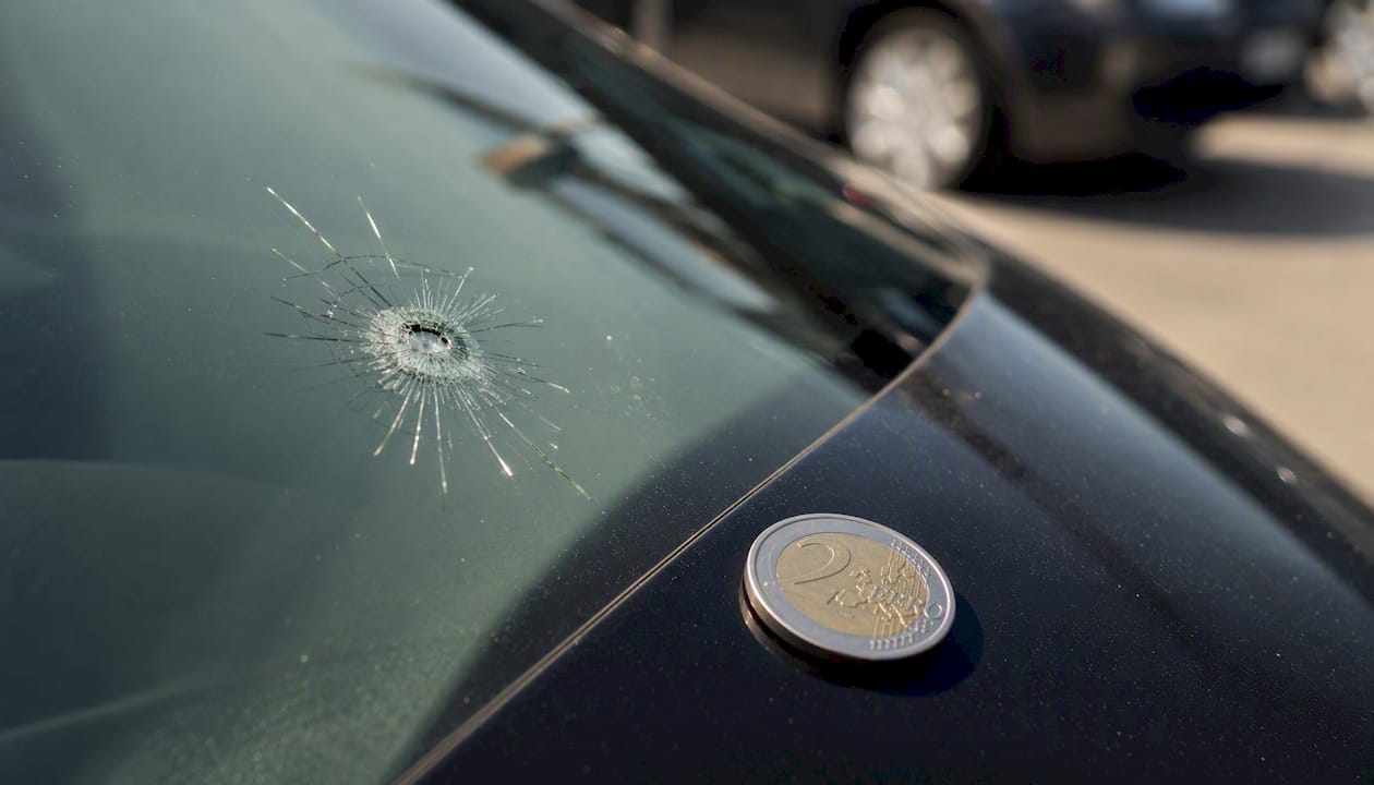 Fissure sur le pare-brise, comparée à une pièce de 2 euros pour donner une idée de la taille.