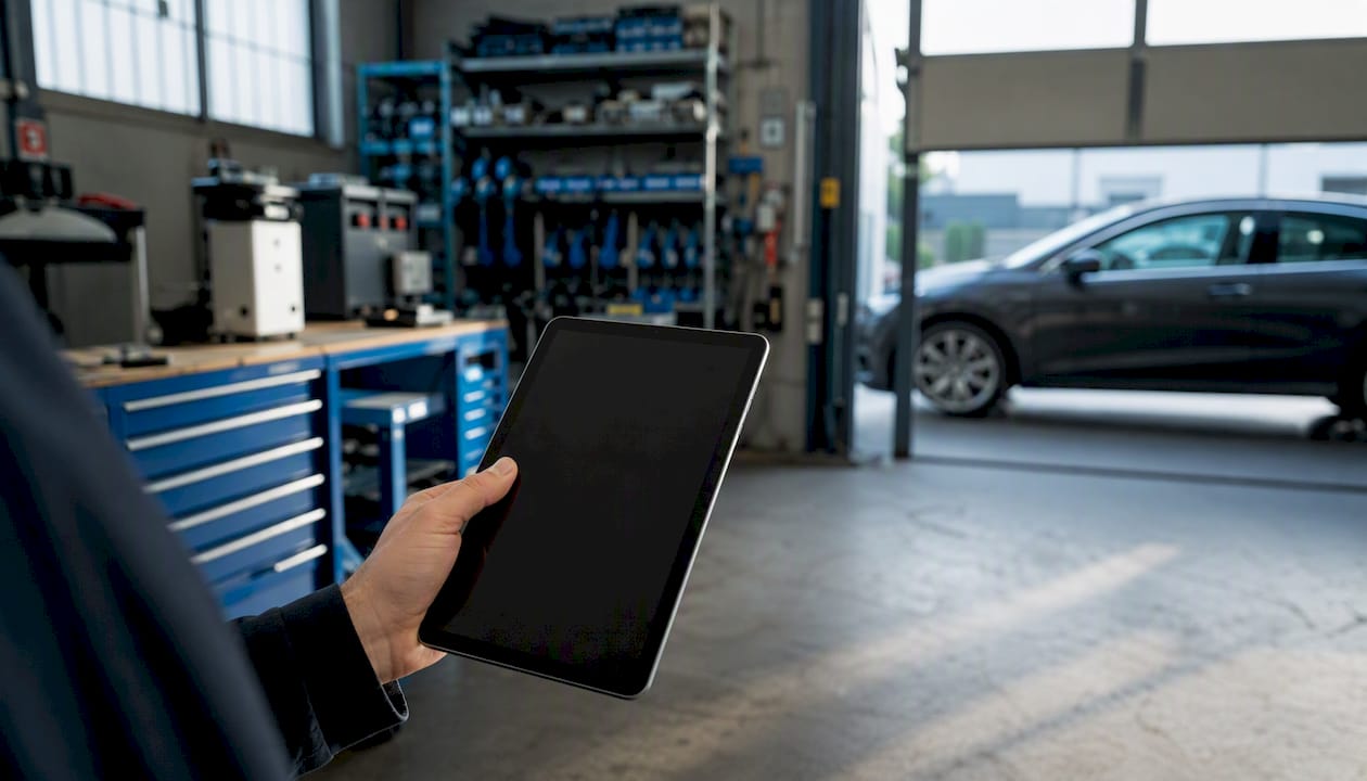 Un technicien tient une tablette numérique à côté d’un véhicule dans un atelier de réparation automobile.
