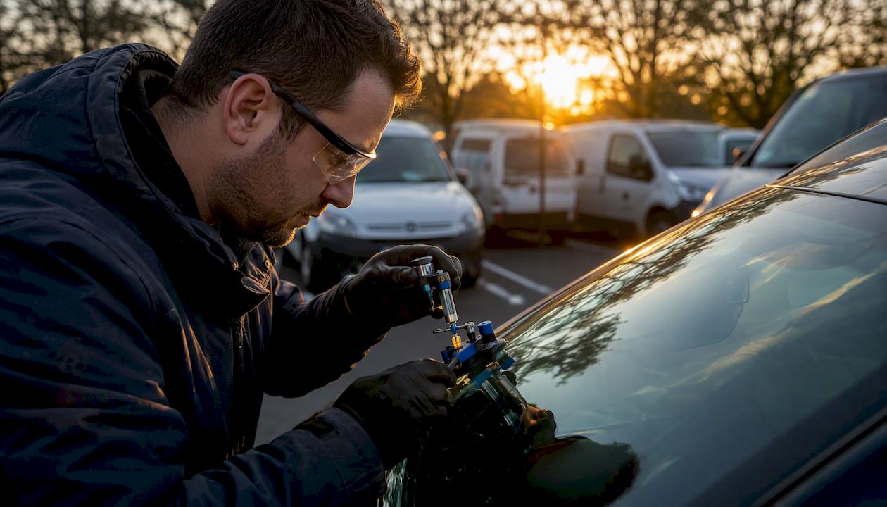 Un spécialiste du dépannage automobile intervient directement sur place pour réparer un impact sur votre pare-brise.