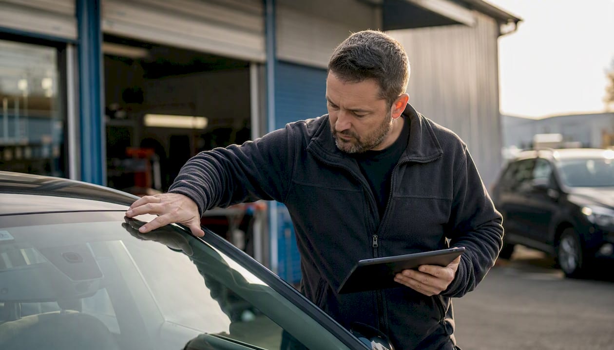 Un technicien examine le pare-brise d’un véhicule tout en consultant une tablette.