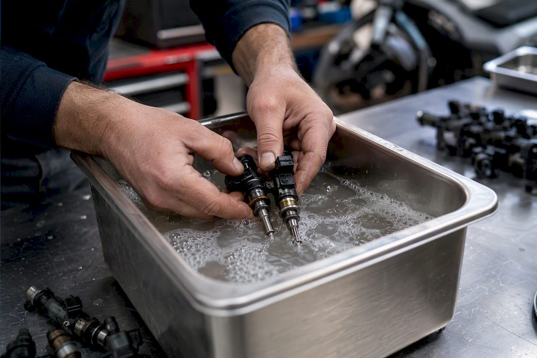 Les injecteurs sont plongés dans un bain à ultrasons pour un nettoyage en profondeur.