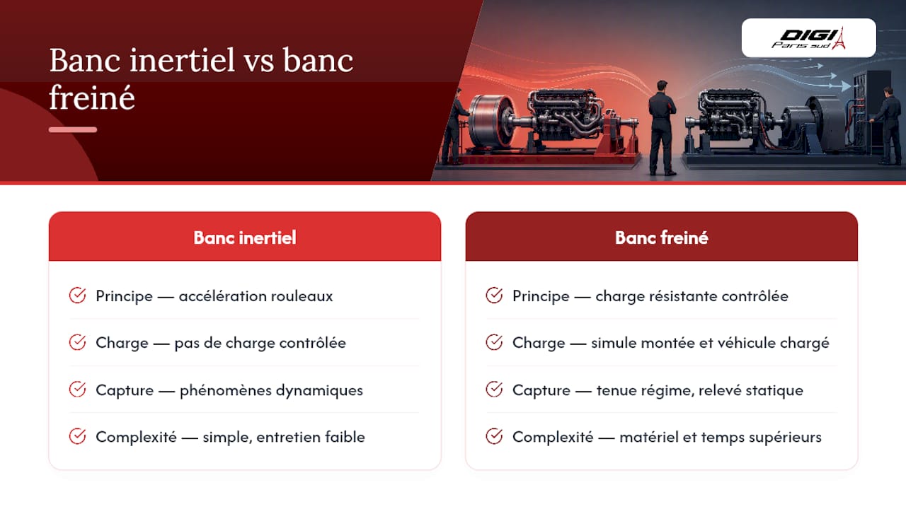 Tableau comparatif : banc d’essai inertiel ou banc à freins, lequel choisir ?