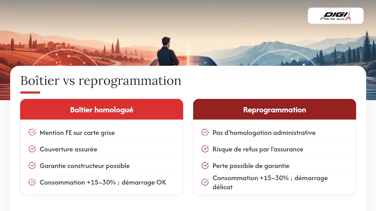 Schéma comparatif entre boîtier homologué et reprogrammation