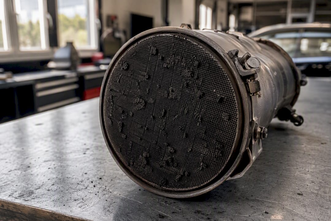 Gros plan sur une coupe transversale d'un filtre à particules diesel obstrué