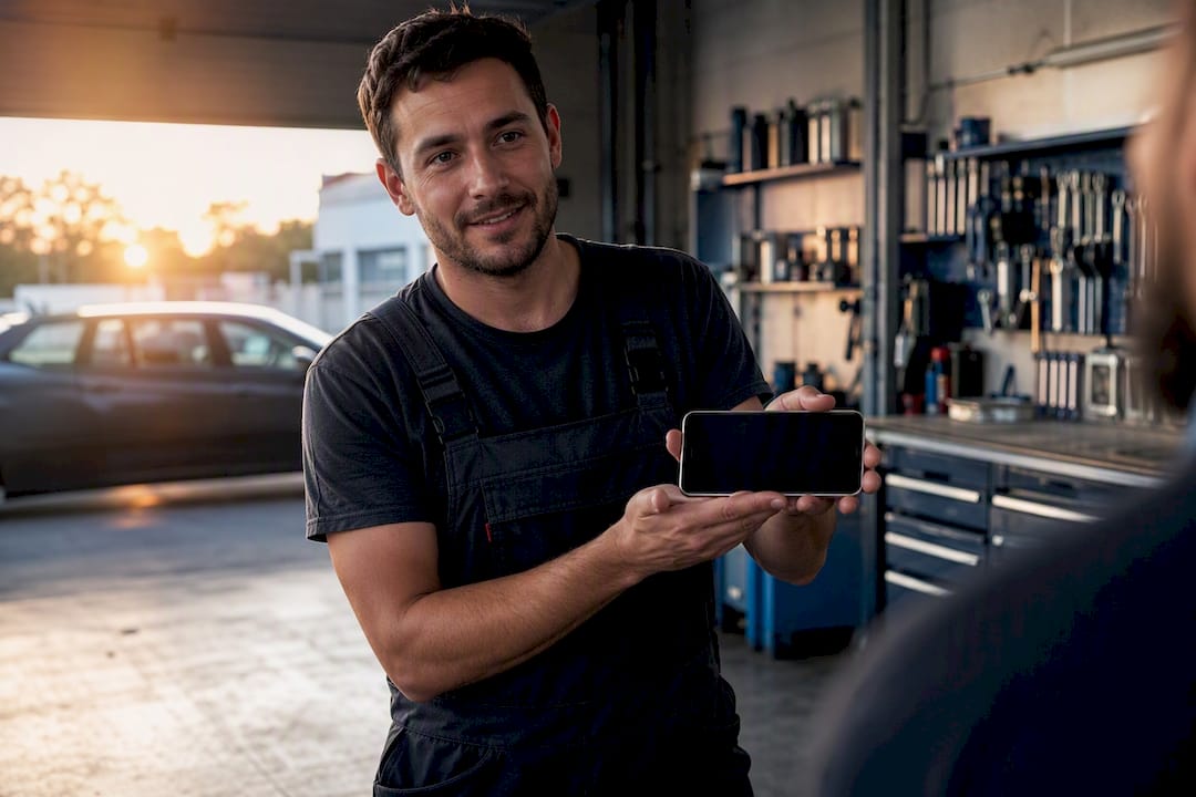 Technicien tenant un appareil mobile devant un client