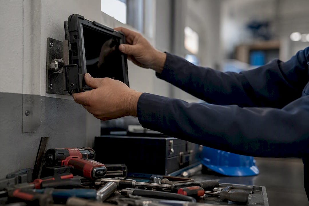 Mains fixant un appareil mobile dans l'atelier