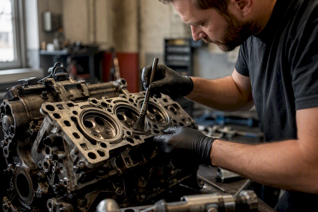 Technicien nettoyant la chambre de combustion du moteur
