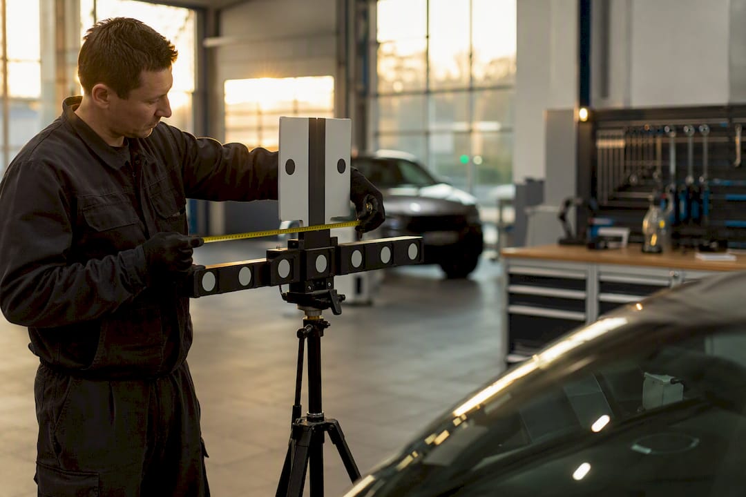 Mains positionnant une cible de calibration ADAS sur un trépied
