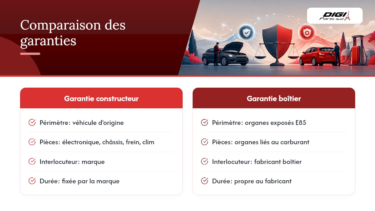 Répartition des garanties entre le constructeur et le boîtier E85