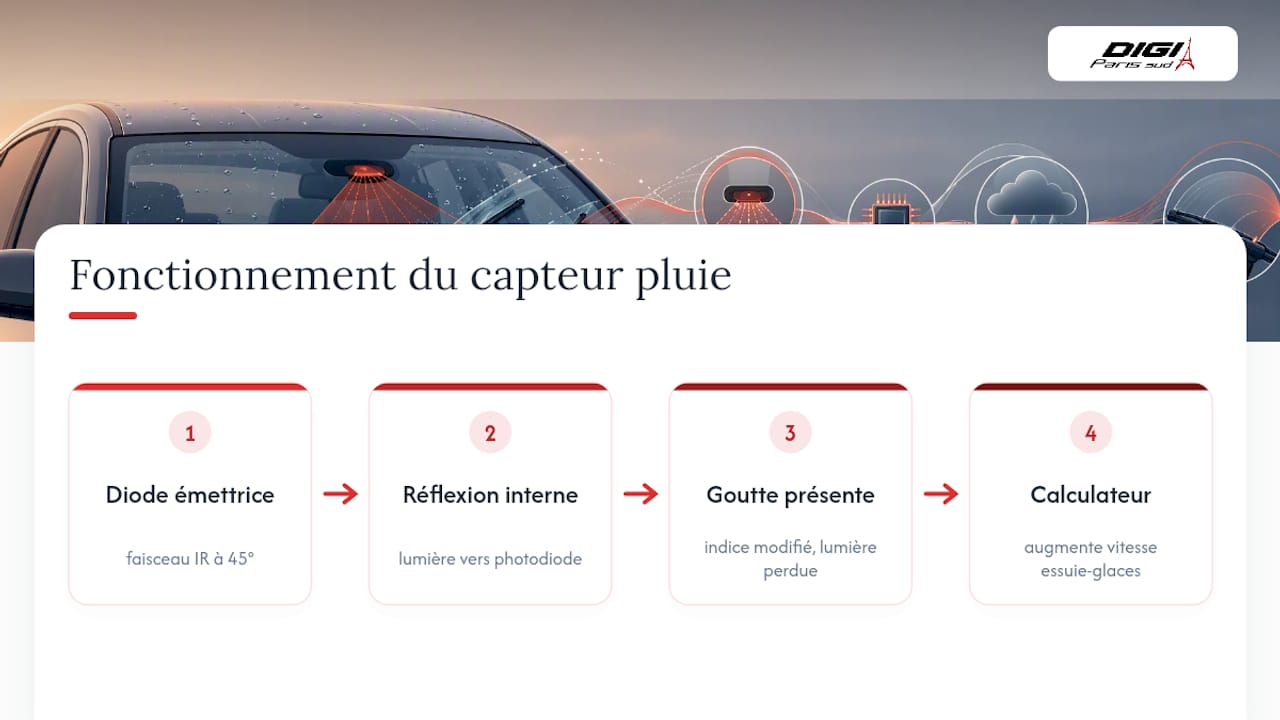 Schéma illustrant le fonctionnement optique du capteur de pluie