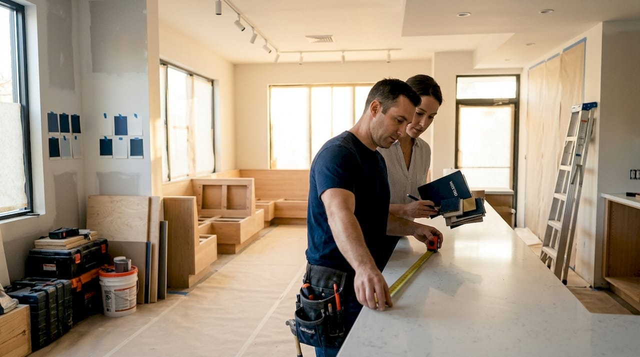 Designer and builder at restaurant under renovation