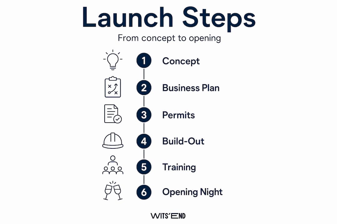 Vertical infographic showing restaurant launch steps