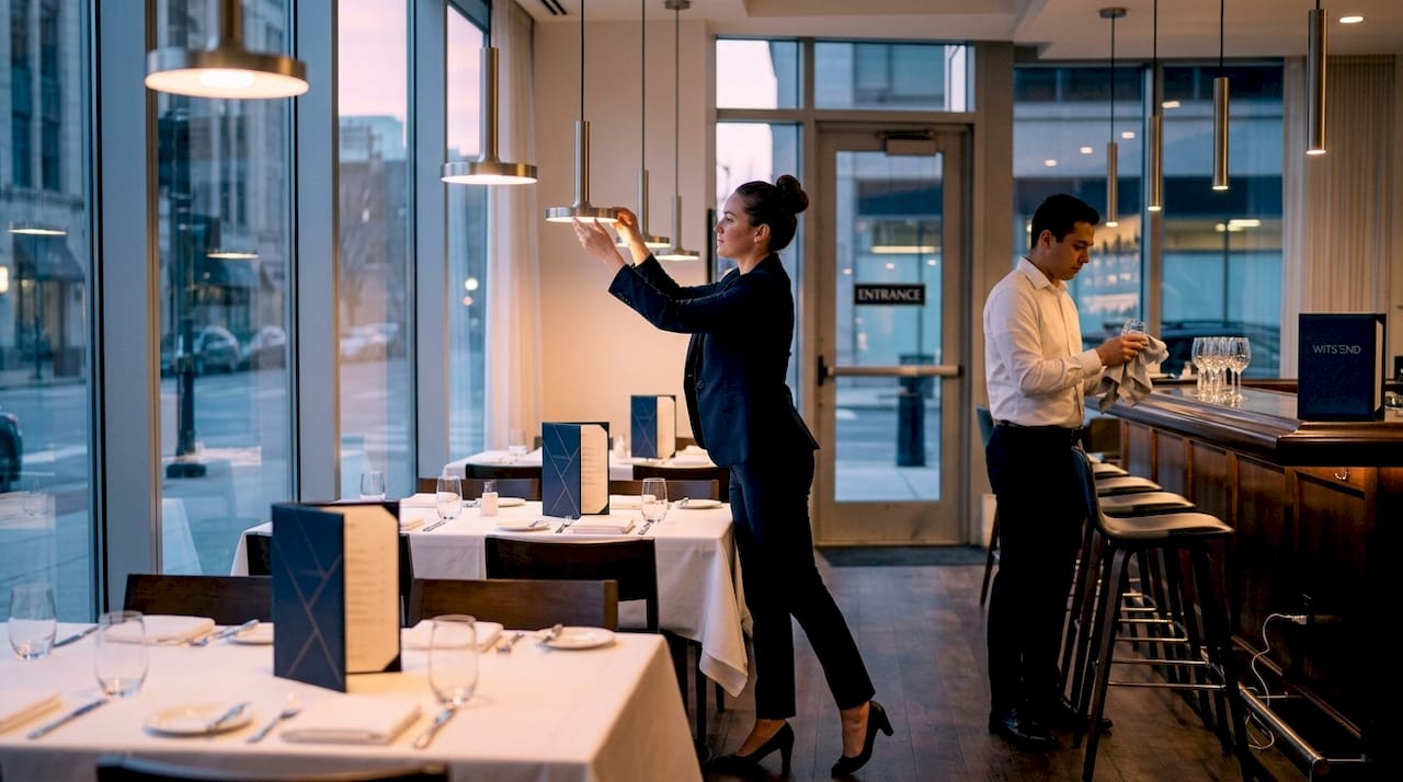 Restaurant manager adjusting lighting before service