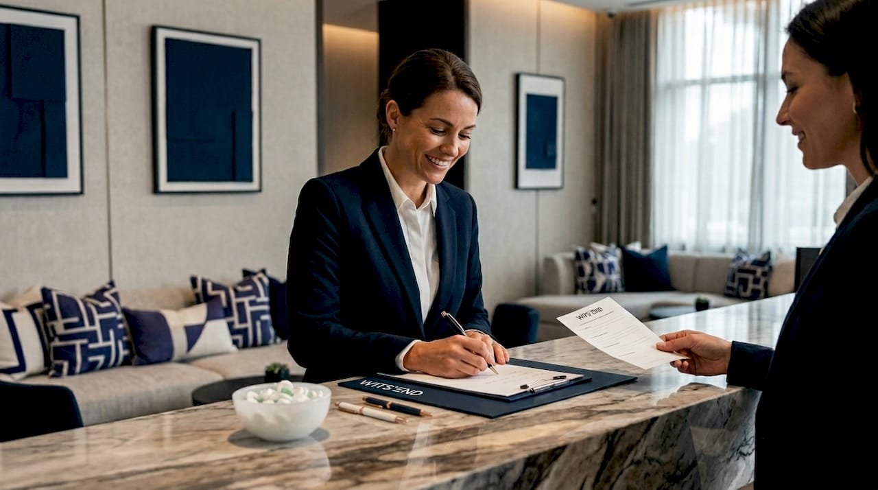 Hotel front desk manager collecting guest feedback