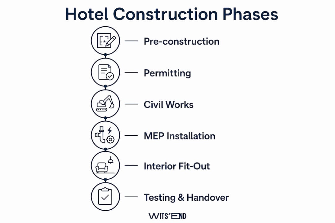 Infographic displaying hotel construction process phases