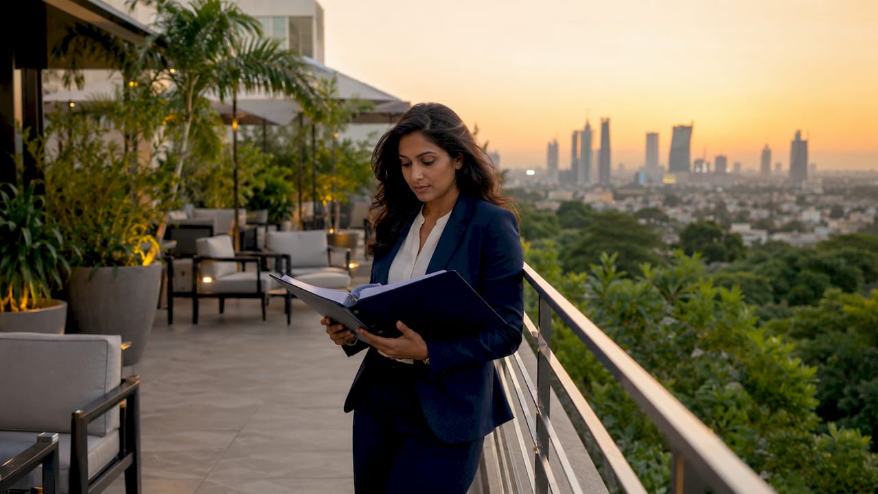 Hotel manager reviewing operations binder in lobby