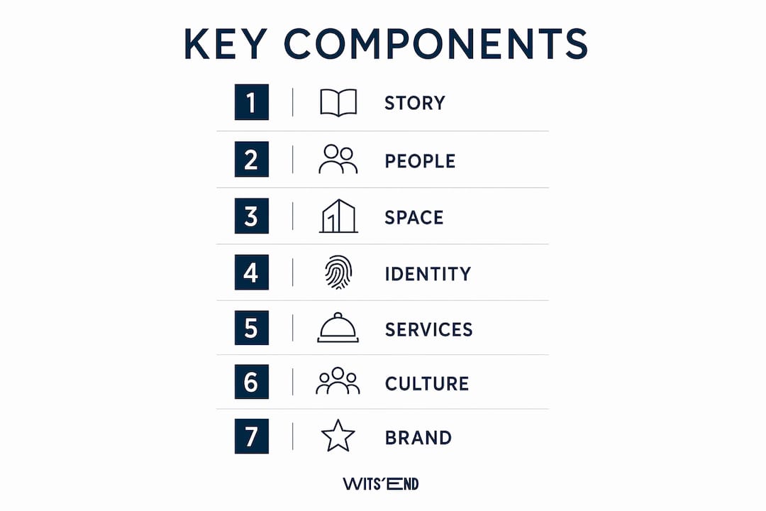 Infographic showing seven key hotel concept components in vertical steps