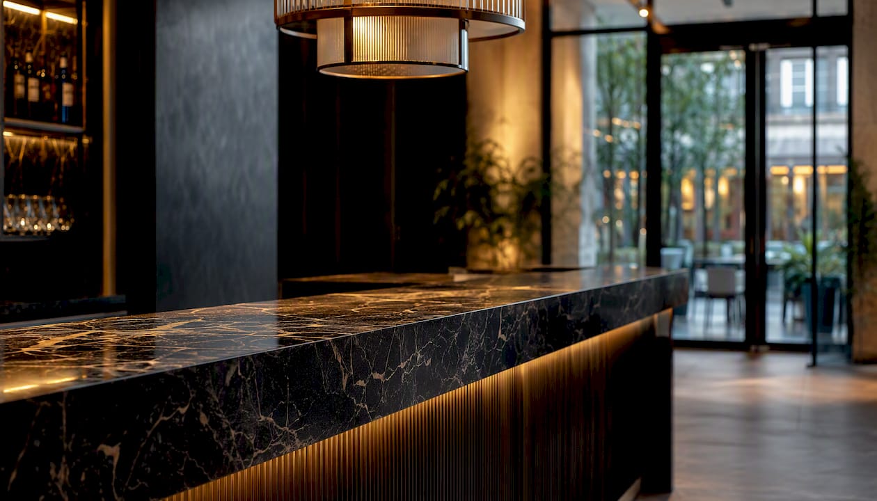 Boutique hotel lobby design textures and furnishing