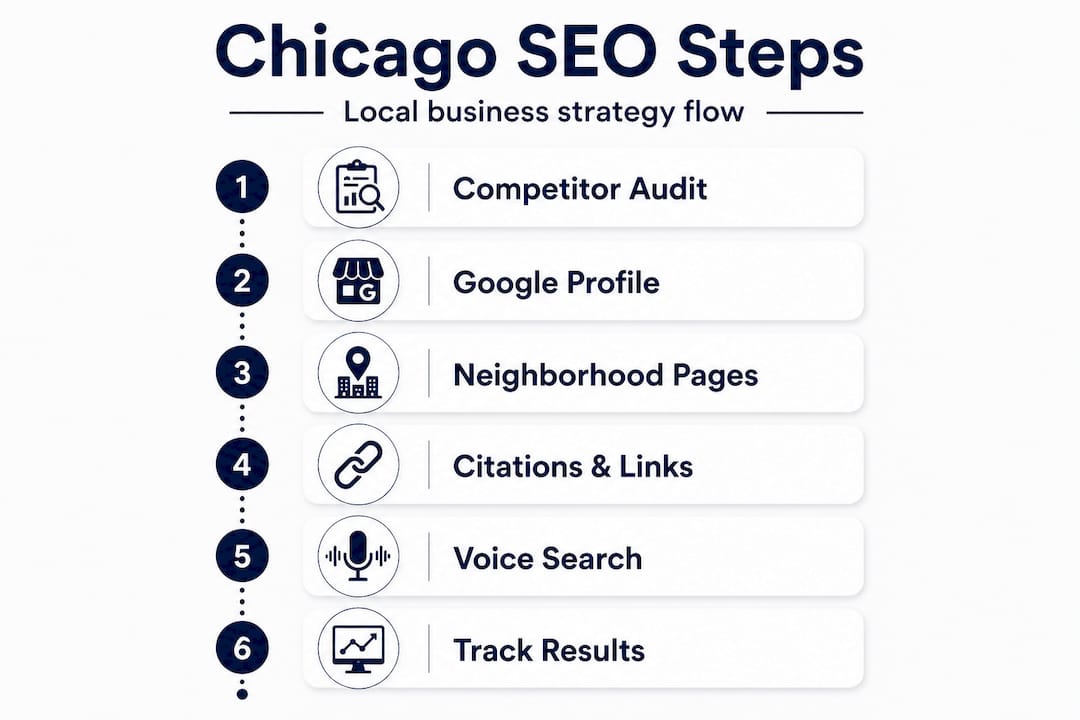 Infographic showing six-step Chicago SEO process