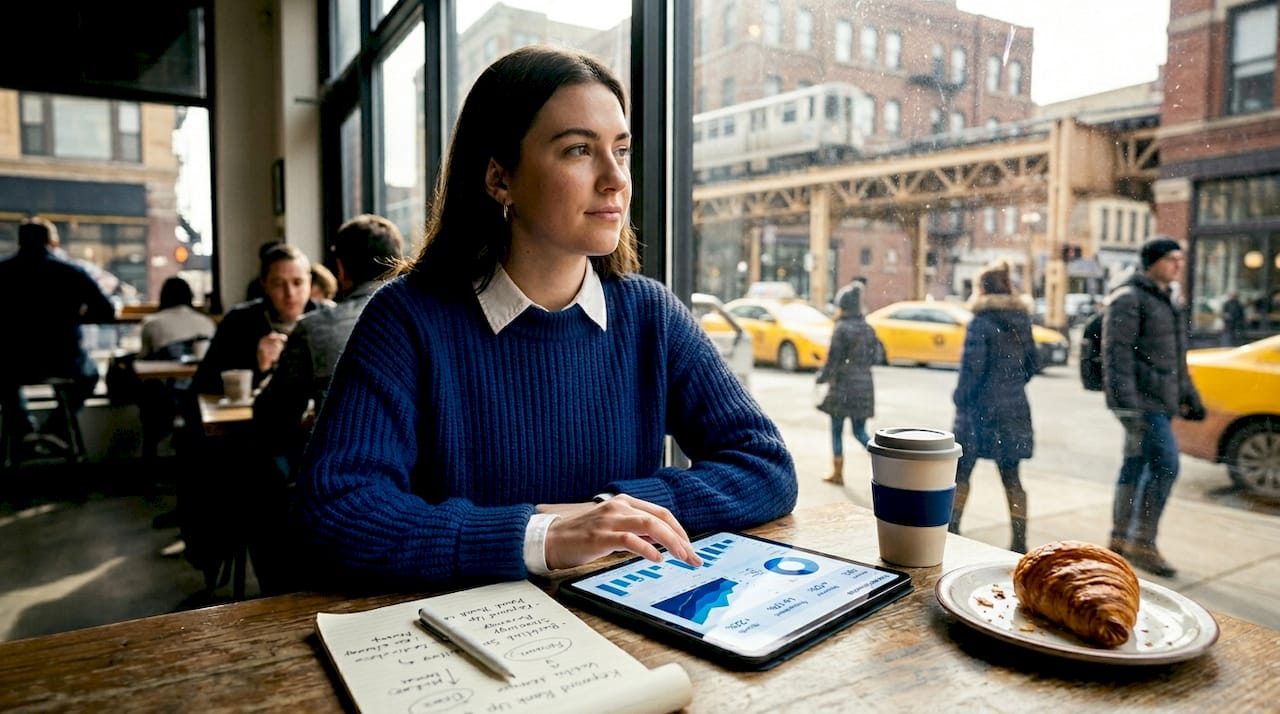 Business owner reviewing social media in Chicago café