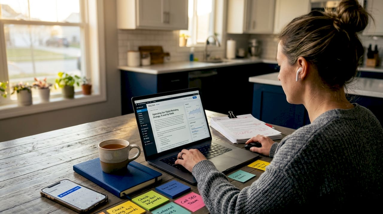 Woman updates SEO content at kitchen table