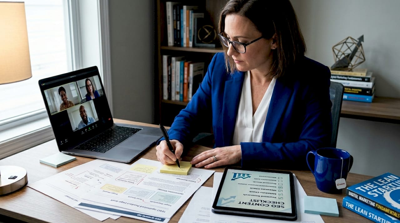 Content strategist reviewing product page with team online