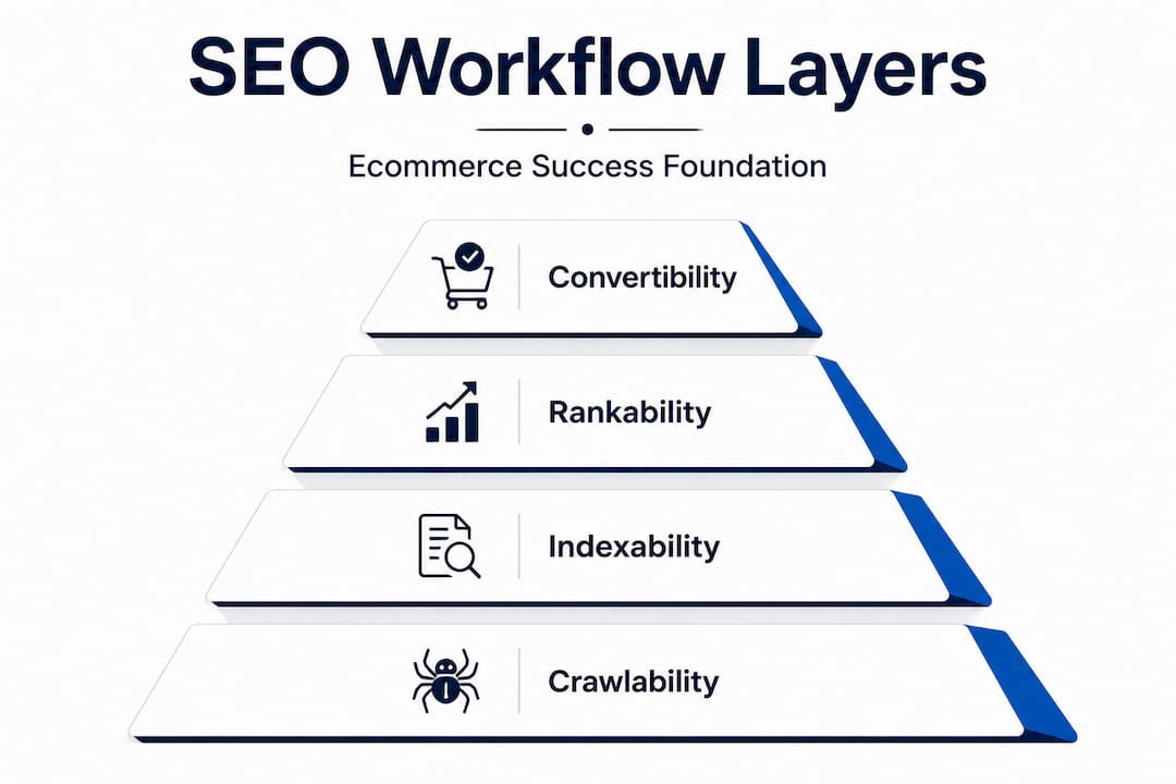 Pyramid infographic of SEO workflow foundation layers