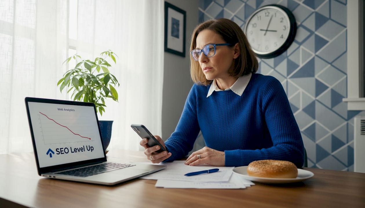 Small business owner checking declining website analytics