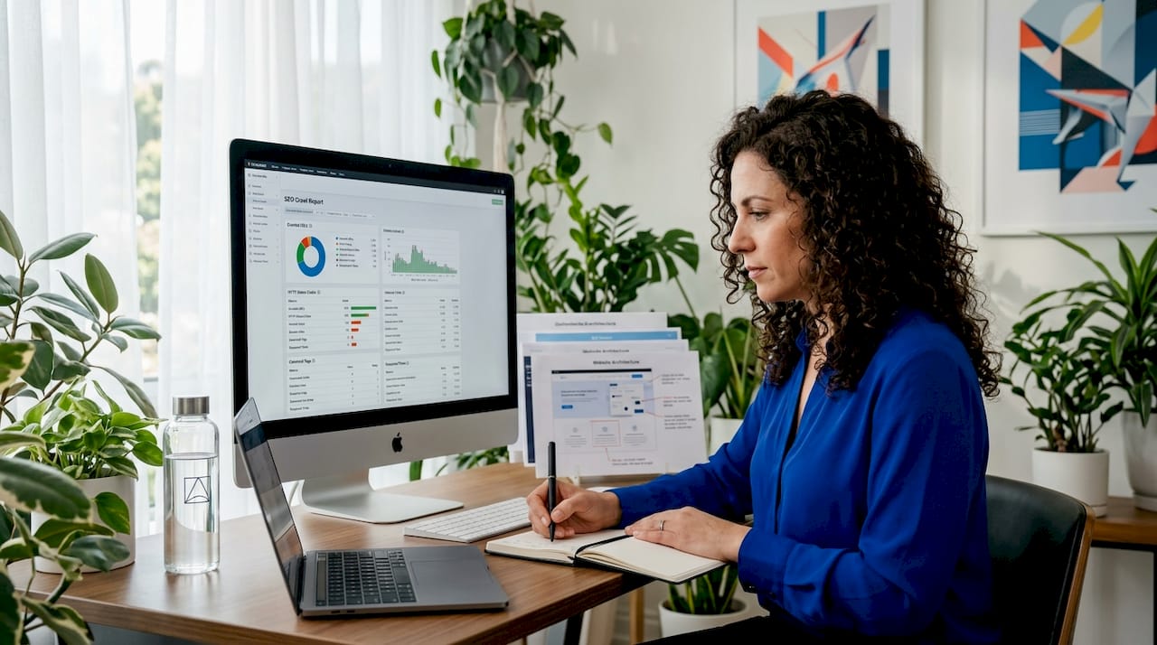 Woman reviewing technical website audit at desk