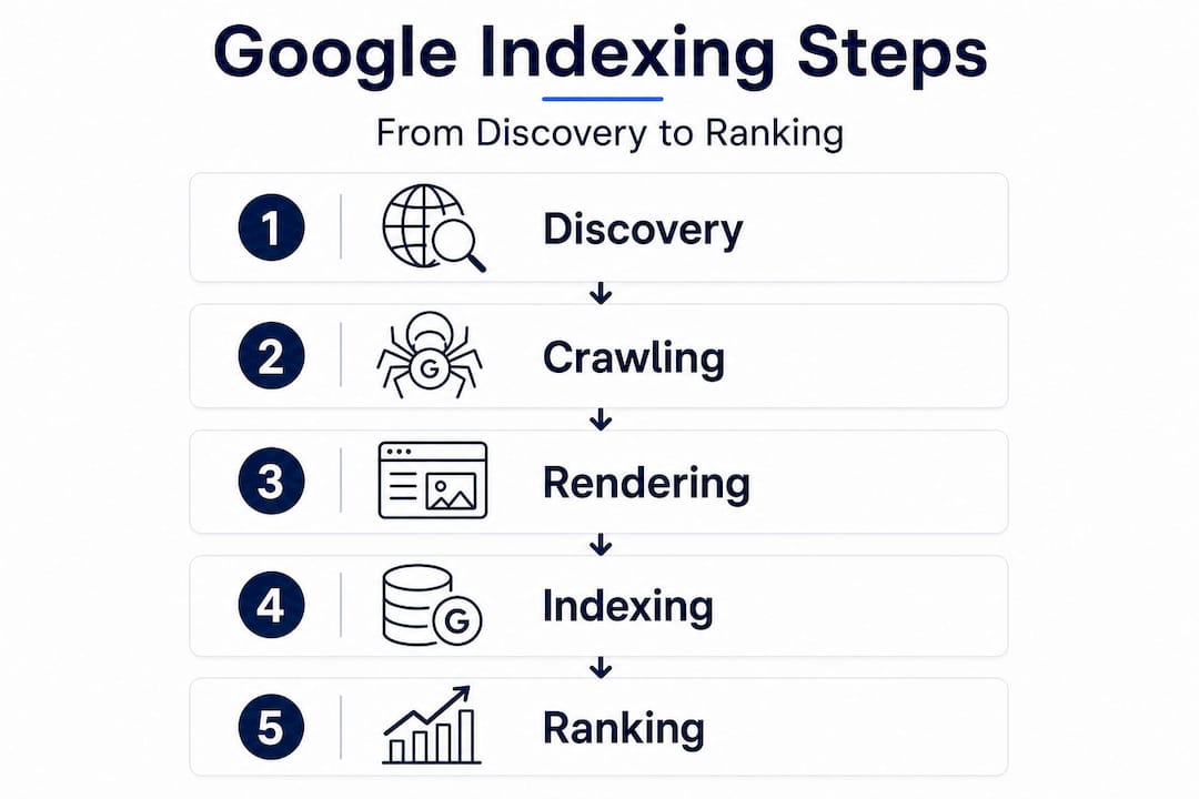 Infographic showing five steps of Google indexing process