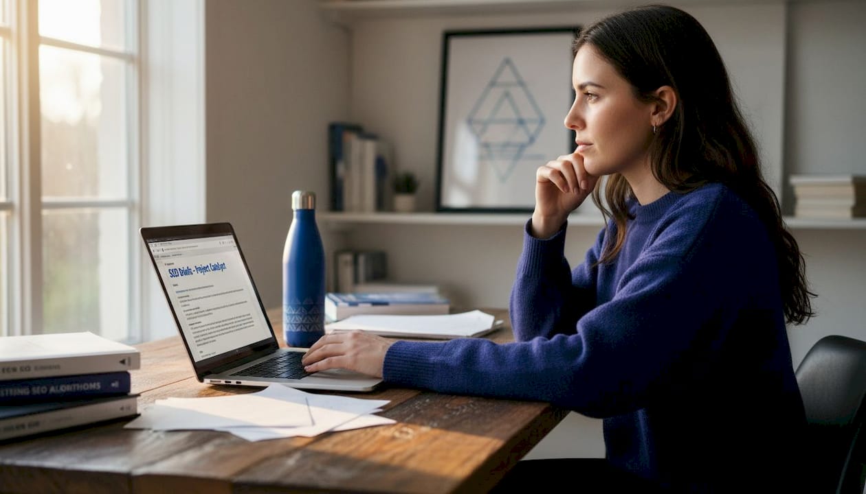 Content writer generating SEO briefs on laptop