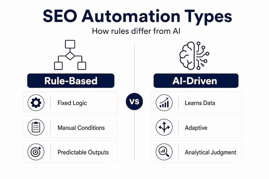 Infographic comparing rule-based and AI-driven SEO automation