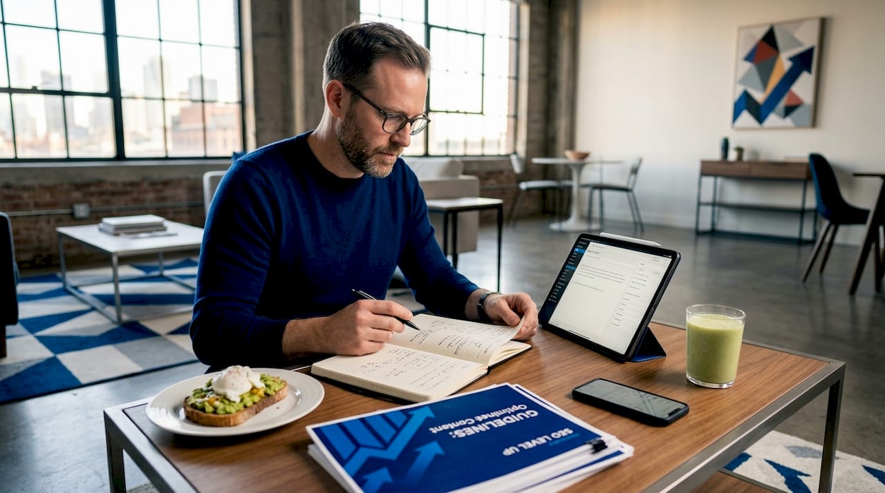 Man editing SEO optimized article at home table