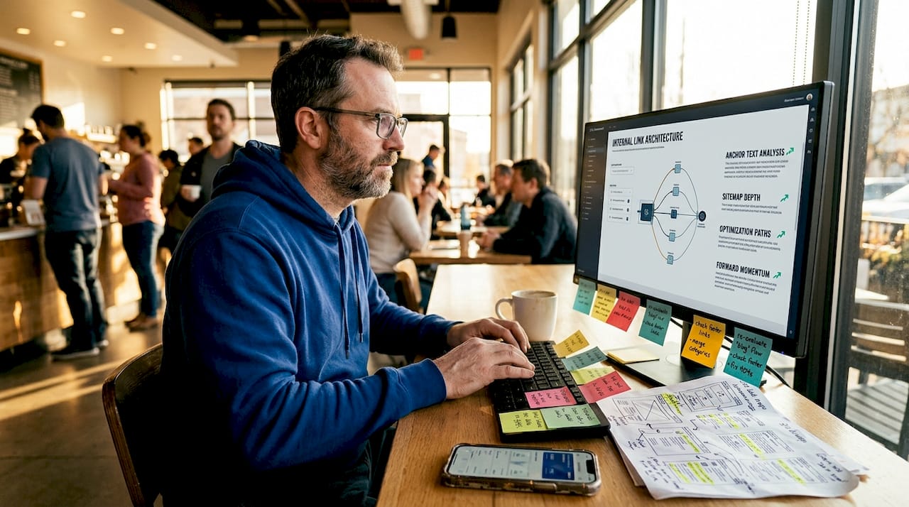 Developer auditing website links in coworking workspace