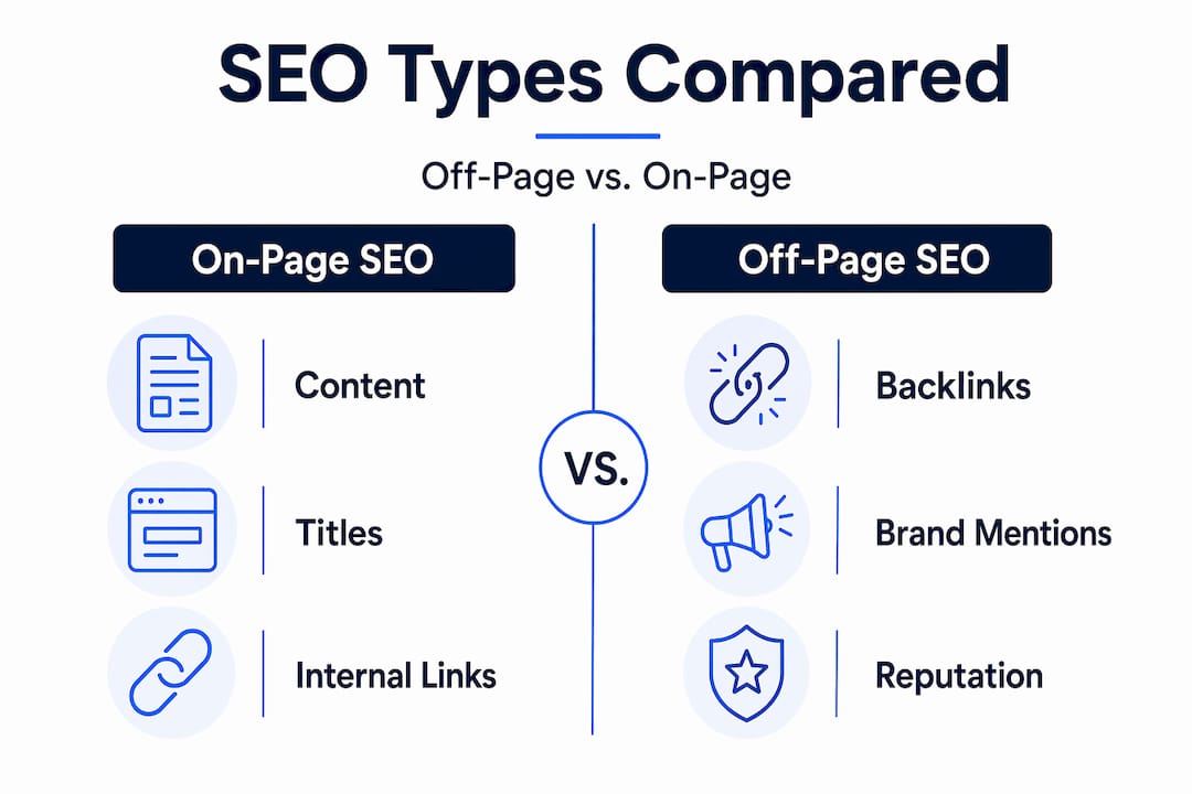 Infographic contrasting on-page and off-page SEO