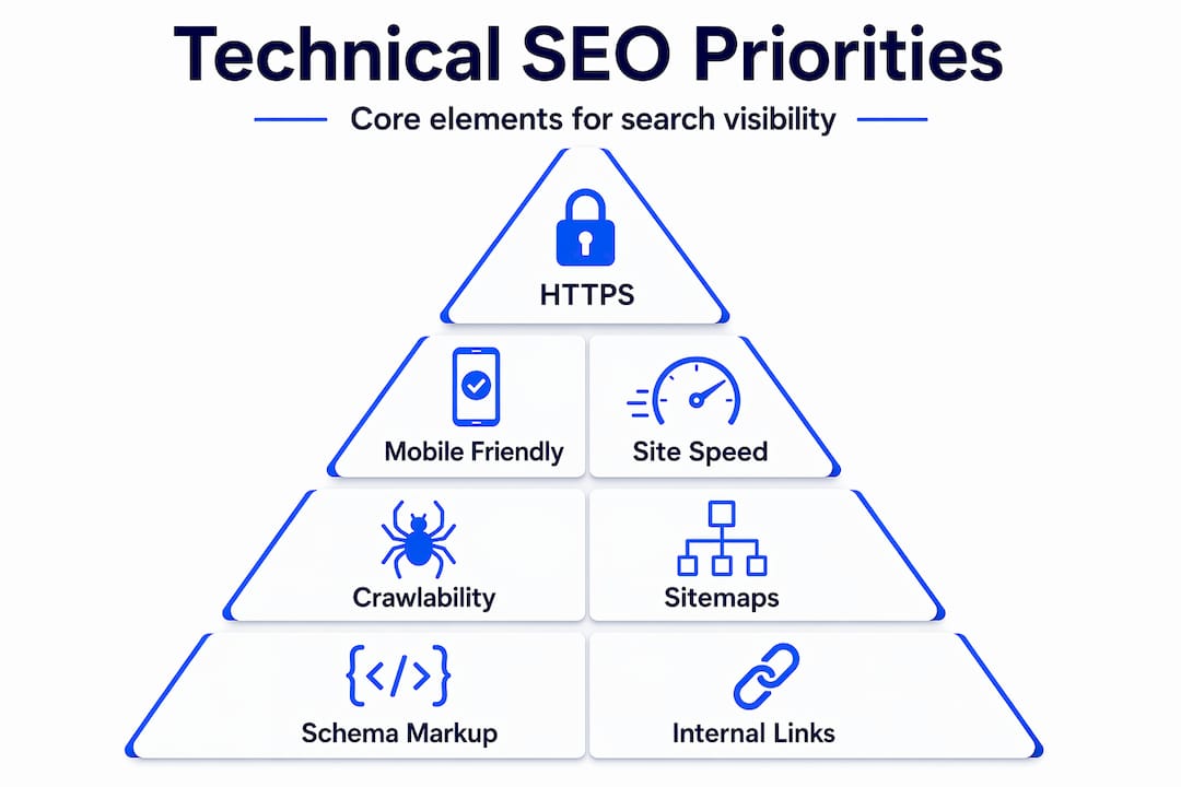 Technical SEO priorities pyramid infographic