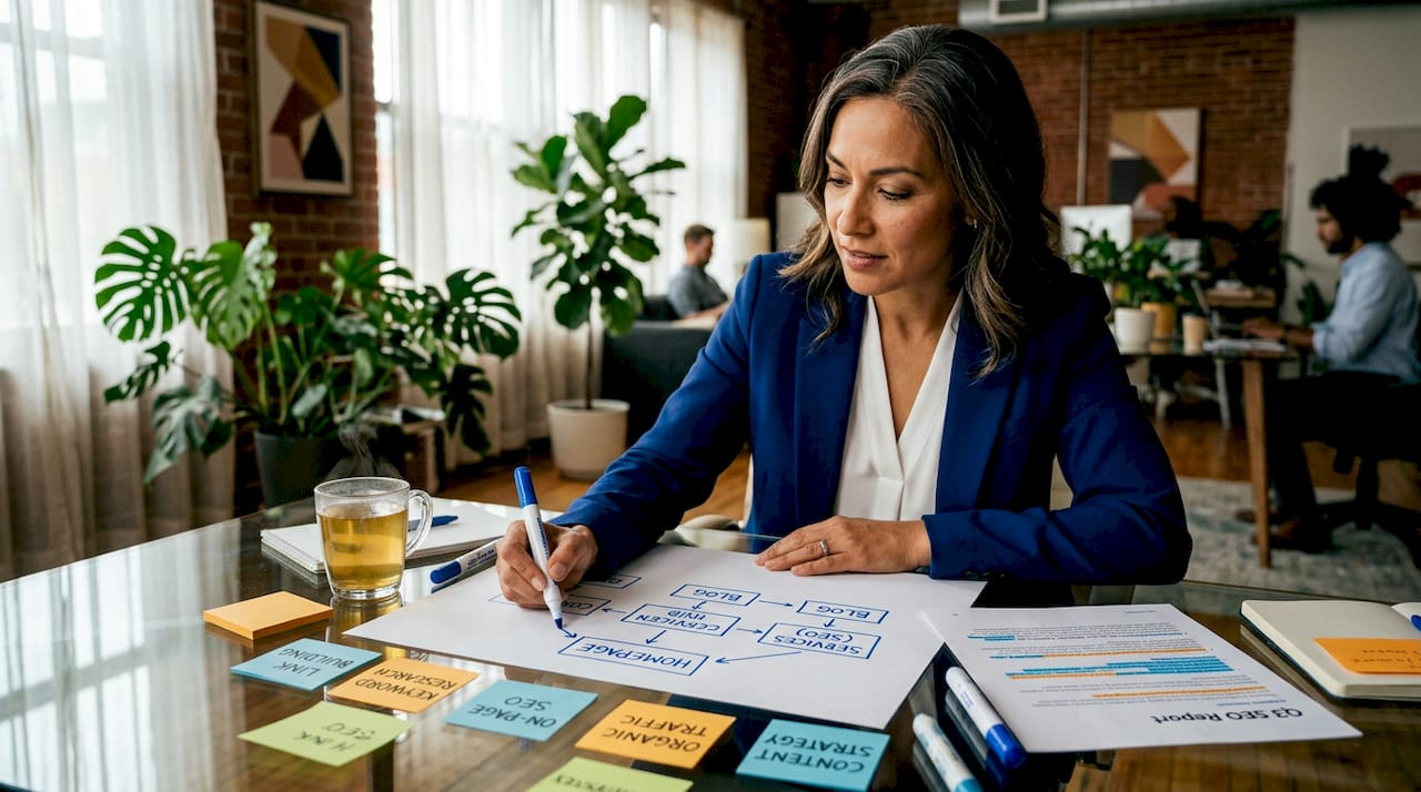 Manager outlining SEO audit steps on whiteboard